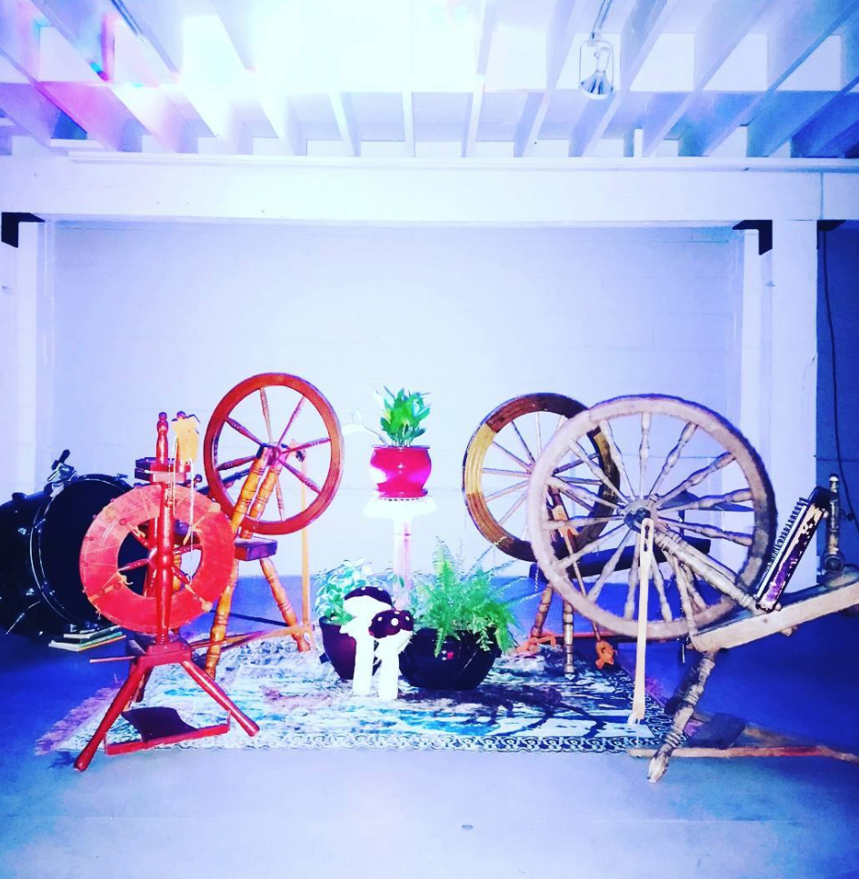 Spinning wheel assemblage ensemble installation at Vancouver Art and Leisure